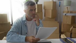 Ein Mann prüft eine Zmzugsversicherung